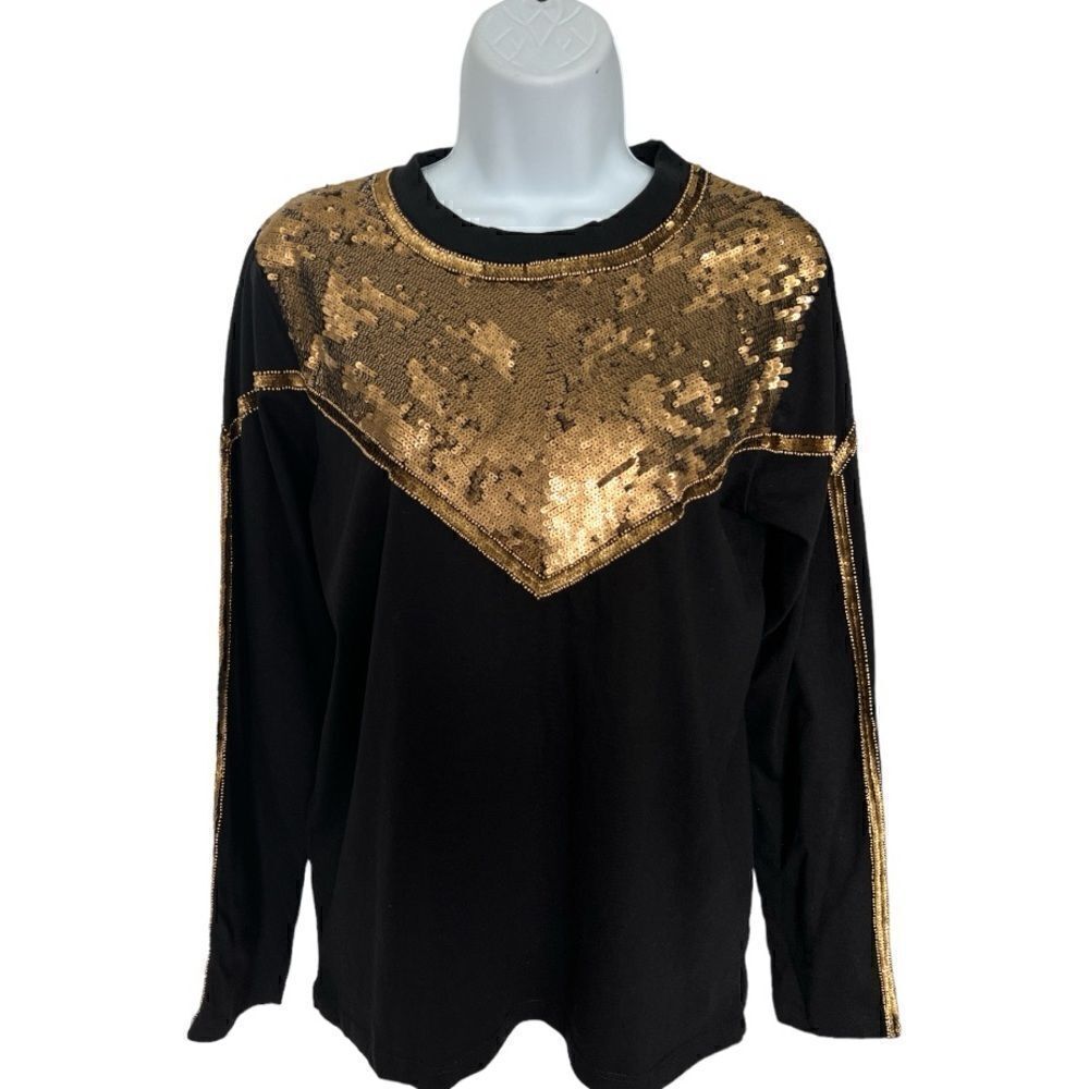 SETA Black Town Sweater Gold Sequined Studded Size M.